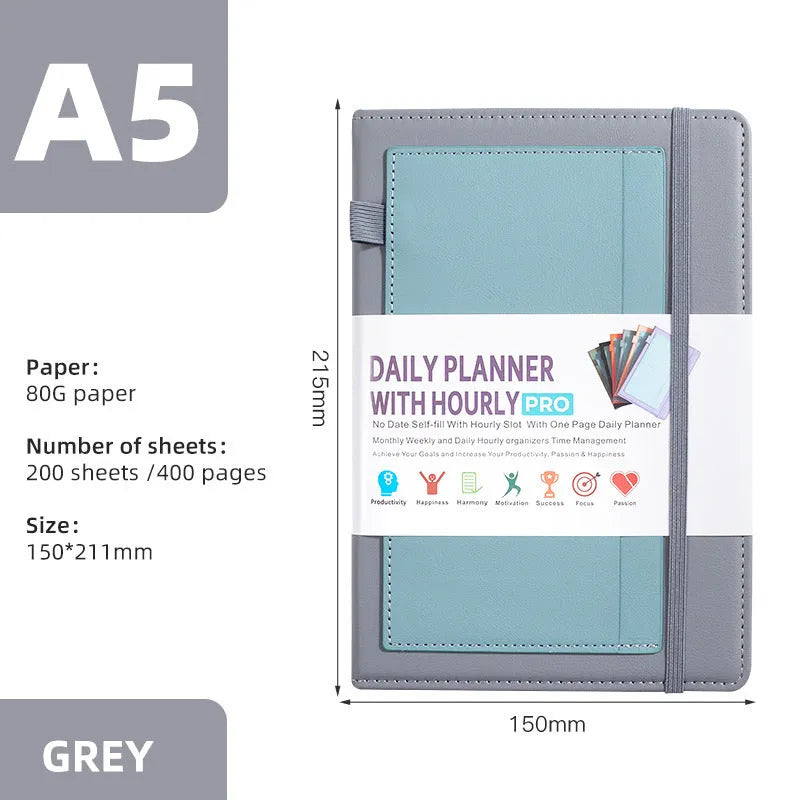 PU leather no date notebook open showing undated strap layout and thread binding, in purple colour.