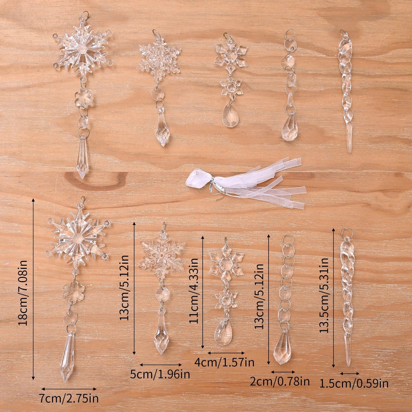 Elegant acrylic icicle ornaments with hanging holes and ribbons, perfect for decorating Christmas trees, fireplaces, and more.