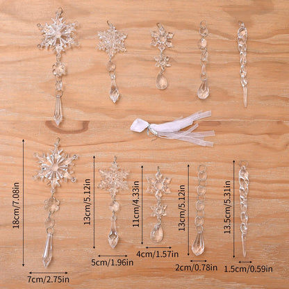 10 clear acrylic ice cone Christmas tree ornaments with hanging ribbons on green branches