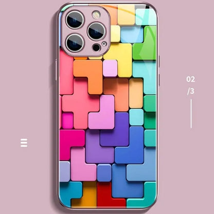 Colourful geometric building block pattern silicone back cover for iPhone, shown in glossy finish.