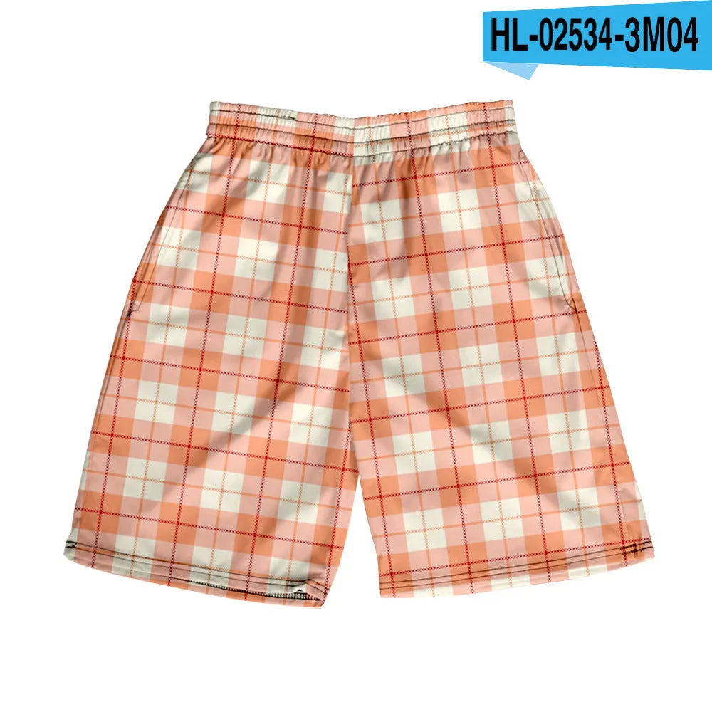 Men's plaid pattern casual shorts with an elastic waistband, shown in a straight leg design.