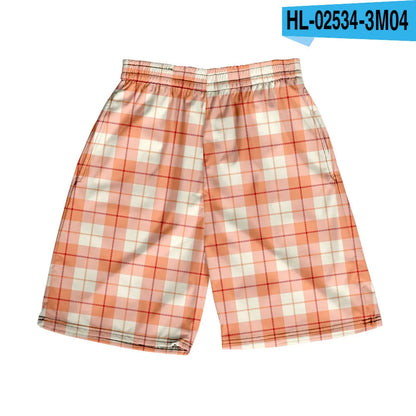 Men's plaid pattern casual shorts with an elastic waistband, shown in a straight leg design.
