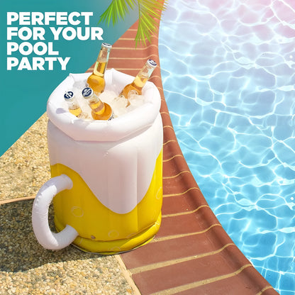 Large yellow inflatable beer mug shaped drink cooler floating in a swimming pool.
