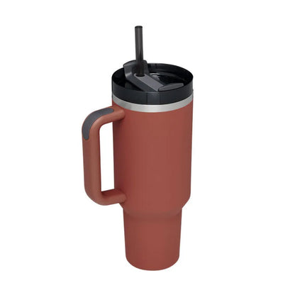 40 oz stainless steel insulated tumbler with handle and straw in tapered mug design