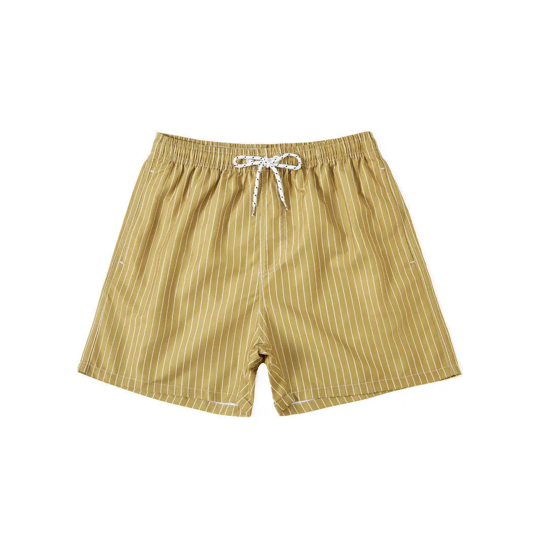 Pair of grey striped polyester shorts with a straight leg cut on a mannequin