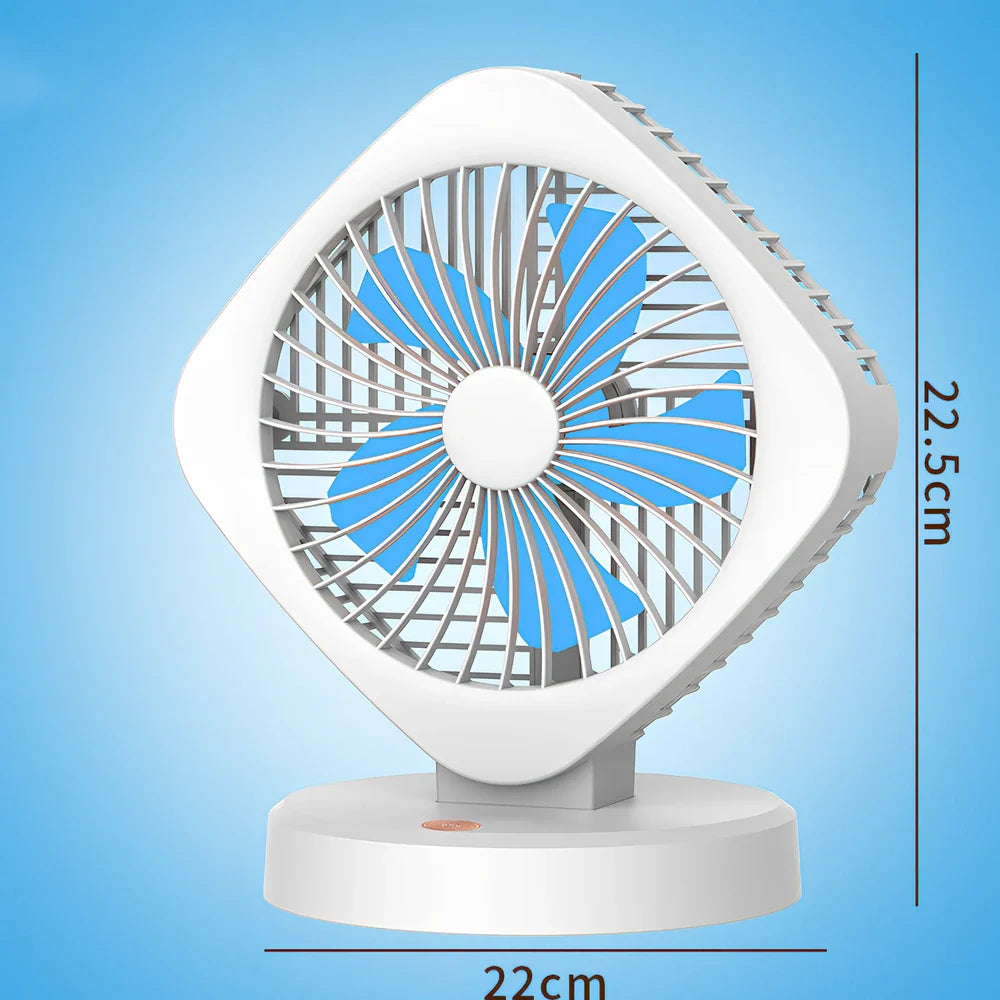 Blue USB desktop fan measuring 26.5x22cm with plastic blades and spray-coated shell