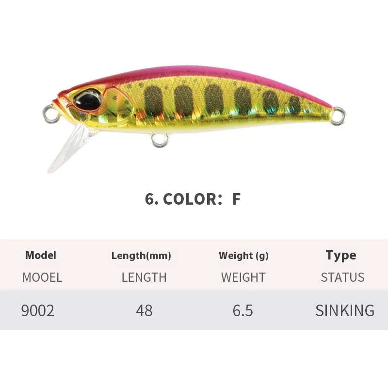 Japanese fishing lure with submerged mino design, 48mm length, 6.5g weight, shown in multiple colour variations