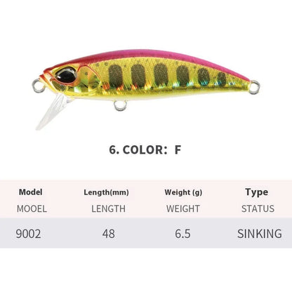 Japanese fishing lure with submerged mino design, 48mm length, 6.5g weight, shown in multiple colour variations