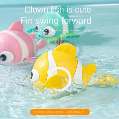 A pink wind-up swimming fish toy for babies and toddlers to play with during bath time.