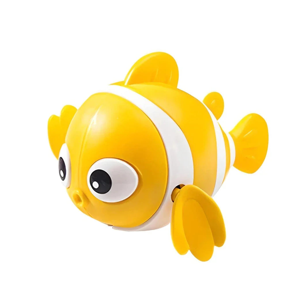 A pink wind-up swimming fish toy for babies and toddlers to play with during bath time.