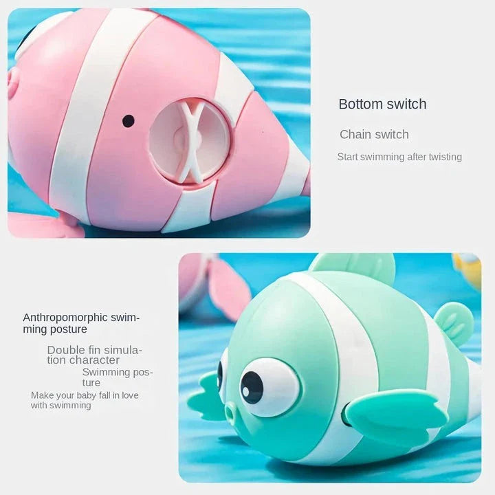 A pink wind-up swimming fish toy for babies and toddlers to play with during bath time.