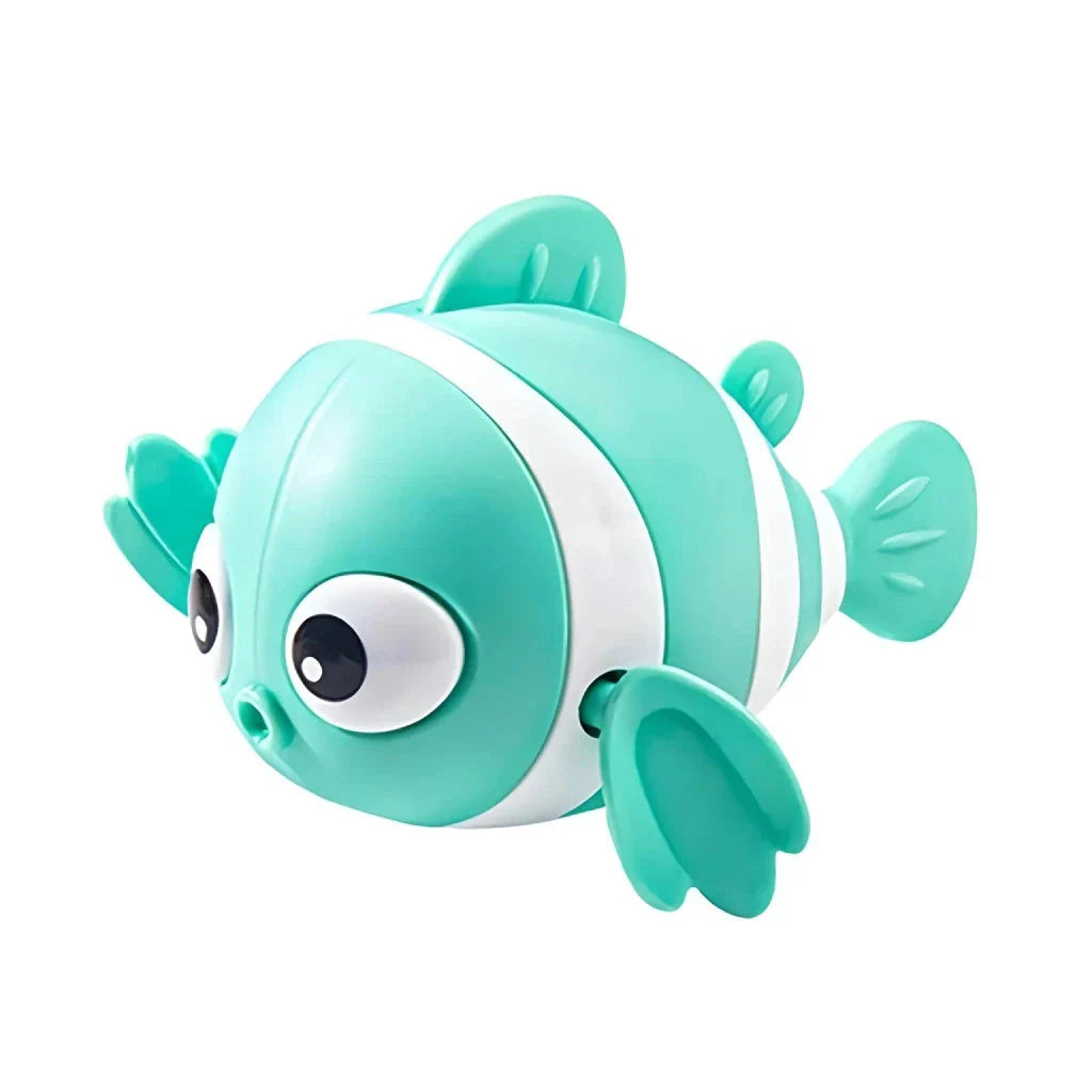 A pink wind-up swimming fish toy for babies and toddlers to play with during bath time.