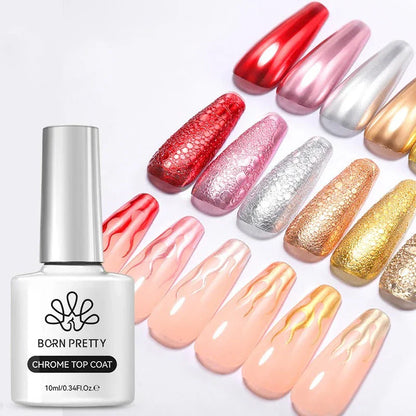 A bottle of Trendha's Chrome-Mirror Top Coat, a transparent nail gel that creates a dazzling mirror-like shine on nails.