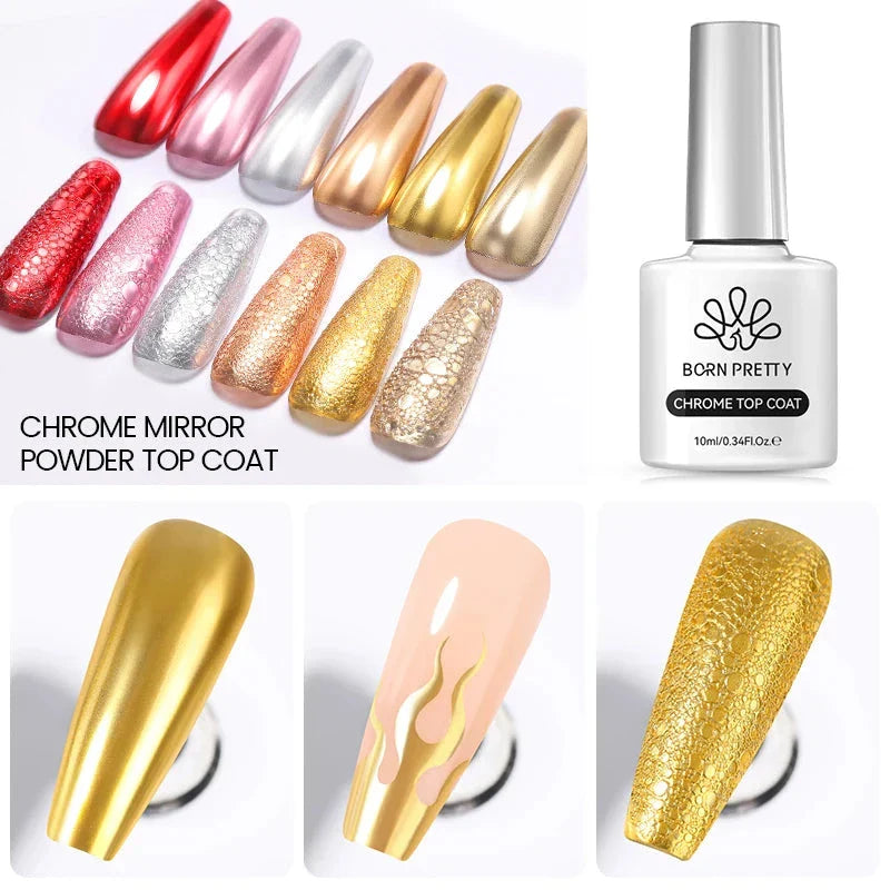 A bottle of Trendha's Chrome-Mirror Top Coat, a transparent nail gel that creates a dazzling mirror-like shine on nails.