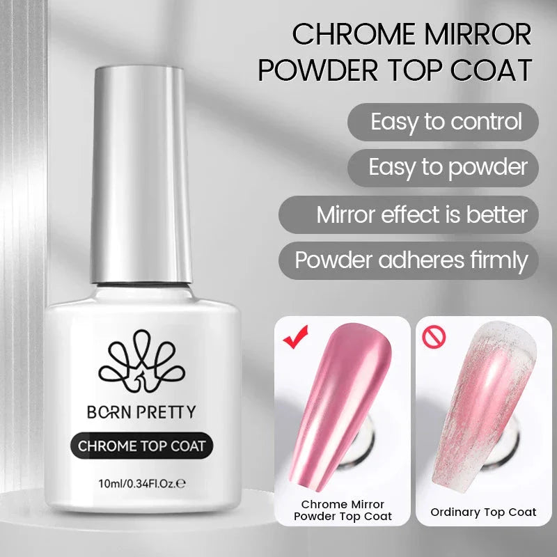 A bottle of Trendha's Chrome-Mirror Top Coat, a transparent nail gel that creates a dazzling mirror-like shine on nails.