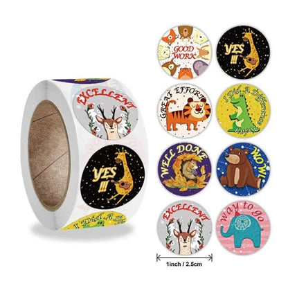 Cute animal-themed reward stickers in 8 designs, 500 pieces per roll for kids and classrooms