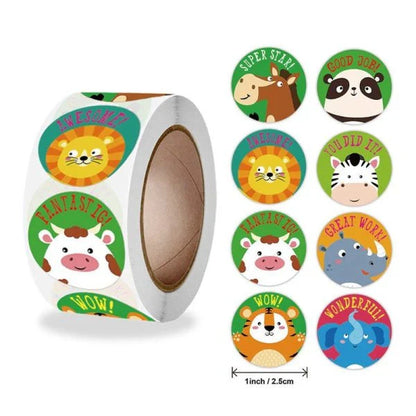 Cute animal-themed reward stickers in 8 designs, 500 pieces per roll for kids and classrooms