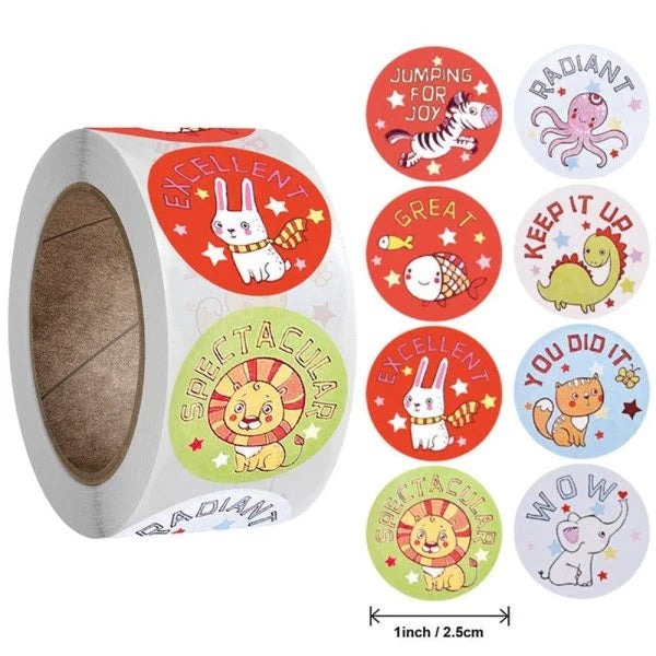 Cute animal-themed reward stickers in 8 designs, 500 pieces per roll for kids and classrooms