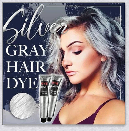 A bottle of silver gray hair dye with a metallic shine booster for long-lasting, vibrant color