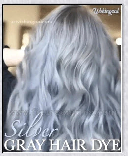 A bottle of silver gray hair dye with a metallic shine booster for long-lasting, vibrant color