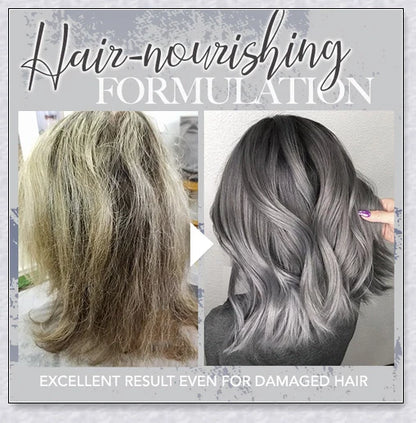 A bottle of silver gray hair dye with a metallic shine booster for long-lasting, vibrant color