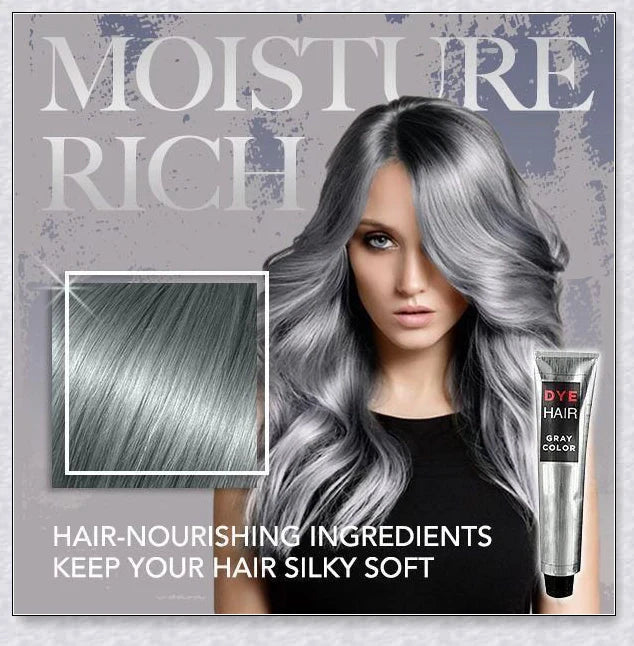 A bottle of silver gray hair dye with a metallic shine booster for long-lasting, vibrant color