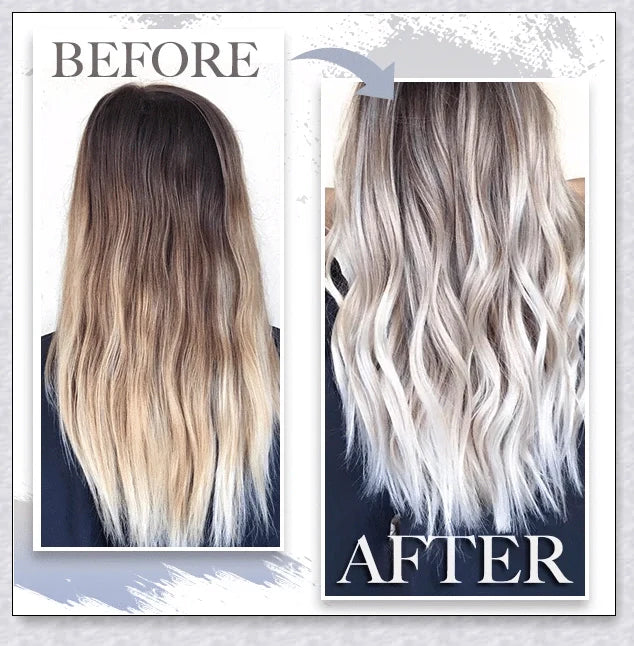 A bottle of silver gray hair dye with a metallic shine booster for long-lasting, vibrant color