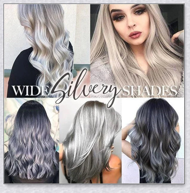 A bottle of silver gray hair dye with a metallic shine booster for long-lasting, vibrant color