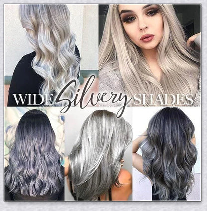 A bottle of silver gray hair dye with a metallic shine booster for long-lasting, vibrant color