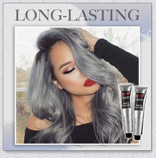 A bottle of silver gray hair dye with a metallic shine booster for long-lasting, vibrant color