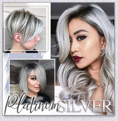 A bottle of silver gray hair dye with a metallic shine booster for long-lasting, vibrant color