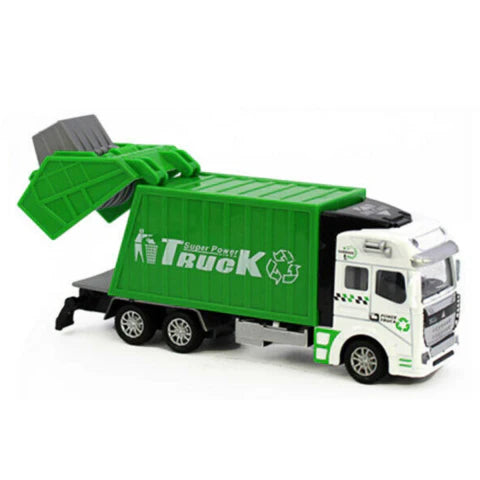 A detailed, high-quality garbage truck toy with smooth-rolling wheels and interactive features like a movable backdoor and trash bin.