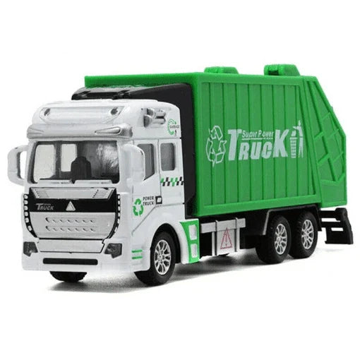 A detailed, high-quality garbage truck toy with smooth-rolling wheels and interactive features like a movable backdoor and trash bin.