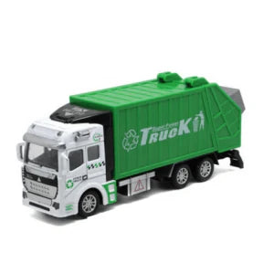 A detailed, high-quality garbage truck toy with smooth-rolling wheels and interactive features like a movable backdoor and trash bin.