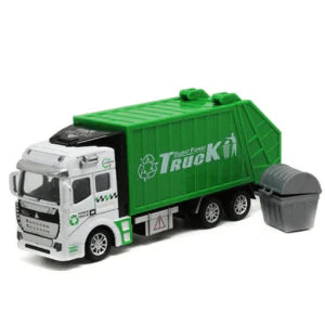 A detailed, high-quality garbage truck toy with smooth-rolling wheels and interactive features like a movable backdoor and trash bin.