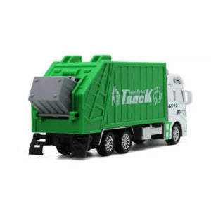 A detailed, high-quality garbage truck toy with smooth-rolling wheels and interactive features like a movable backdoor and trash bin.