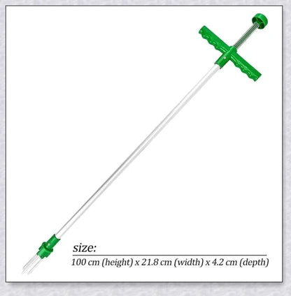 A standing weed puller tool with a long handle and 3-pronged head, designed to easily remove weeds from the root.