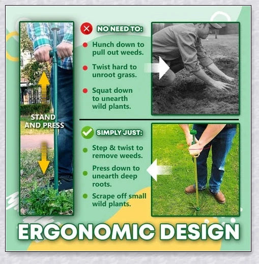 A standing weed puller tool with a long handle and 3-pronged head, designed to easily remove weeds from the root.