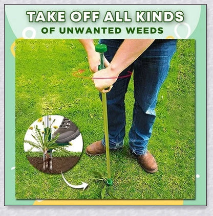 A standing weed puller tool with a long handle and 3-pronged head, designed to easily remove weeds from the root.