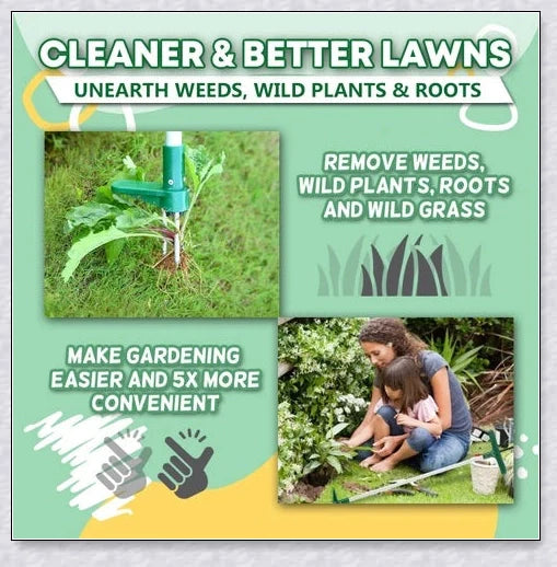 A standing weed puller tool with a long handle and 3-pronged head, designed to easily remove weeds from the root.