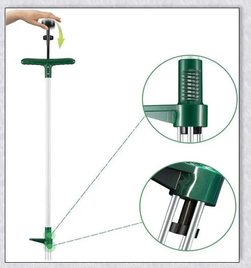 A standing weed puller tool with a long handle and 3-pronged head, designed to easily remove weeds from the root.