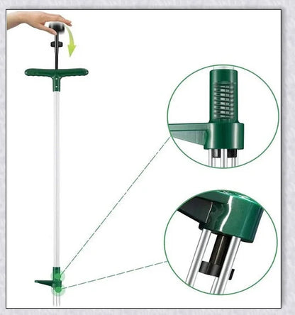 A standing weed puller tool with a long handle and 3-pronged head, designed to easily remove weeds from the root.