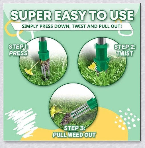 A standing weed puller tool with a long handle and 3-pronged head, designed to easily remove weeds from the root.