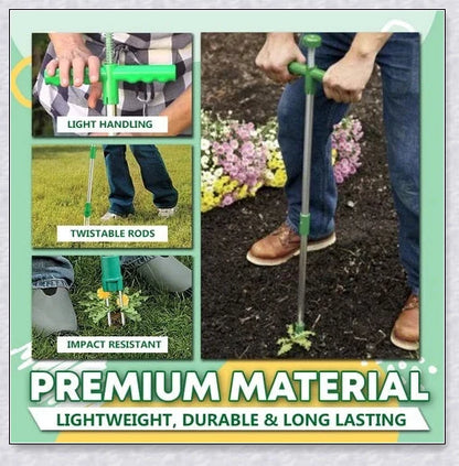 A standing weed puller tool with a long handle and 3-pronged head, designed to easily remove weeds from the root.