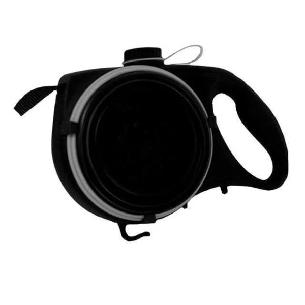 A stylish, multi-functional dog leash with a built-in water bottle, collapsible bowl, and waste bag dispenser for convenient and hands-free dog walks.