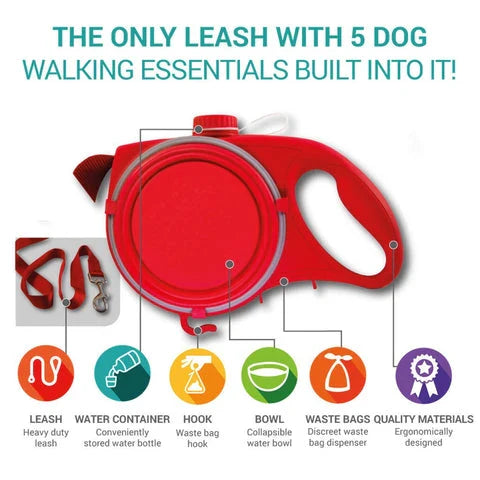 A stylish, multi-functional dog leash with a built-in water bottle, collapsible bowl, and waste bag dispenser for convenient and hands-free dog walks.