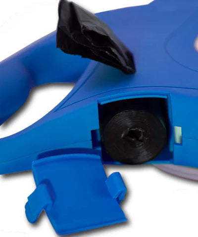 A stylish, multi-functional dog leash with a built-in water bottle, collapsible bowl, and waste bag dispenser for convenient and hands-free dog walks.