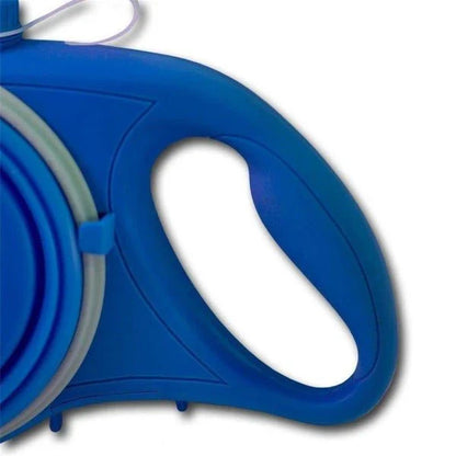 A stylish, multi-functional dog leash with a built-in water bottle, collapsible bowl, and waste bag dispenser for convenient and hands-free dog walks.