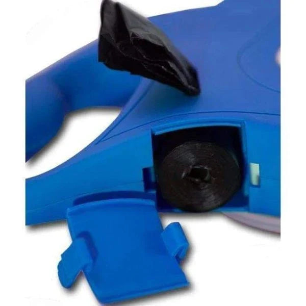 A stylish, multi-functional dog leash with a built-in water bottle, collapsible bowl, and waste bag dispenser for convenient and hands-free dog walks.