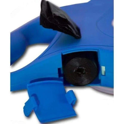 A stylish, multi-functional dog leash with a built-in water bottle, collapsible bowl, and waste bag dispenser for convenient and hands-free dog walks.